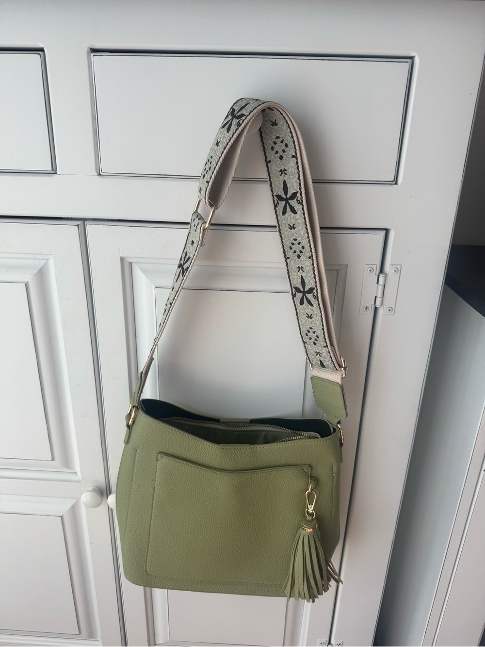 Calin brand Vegan Green Crossbody Tote with Decorative strap